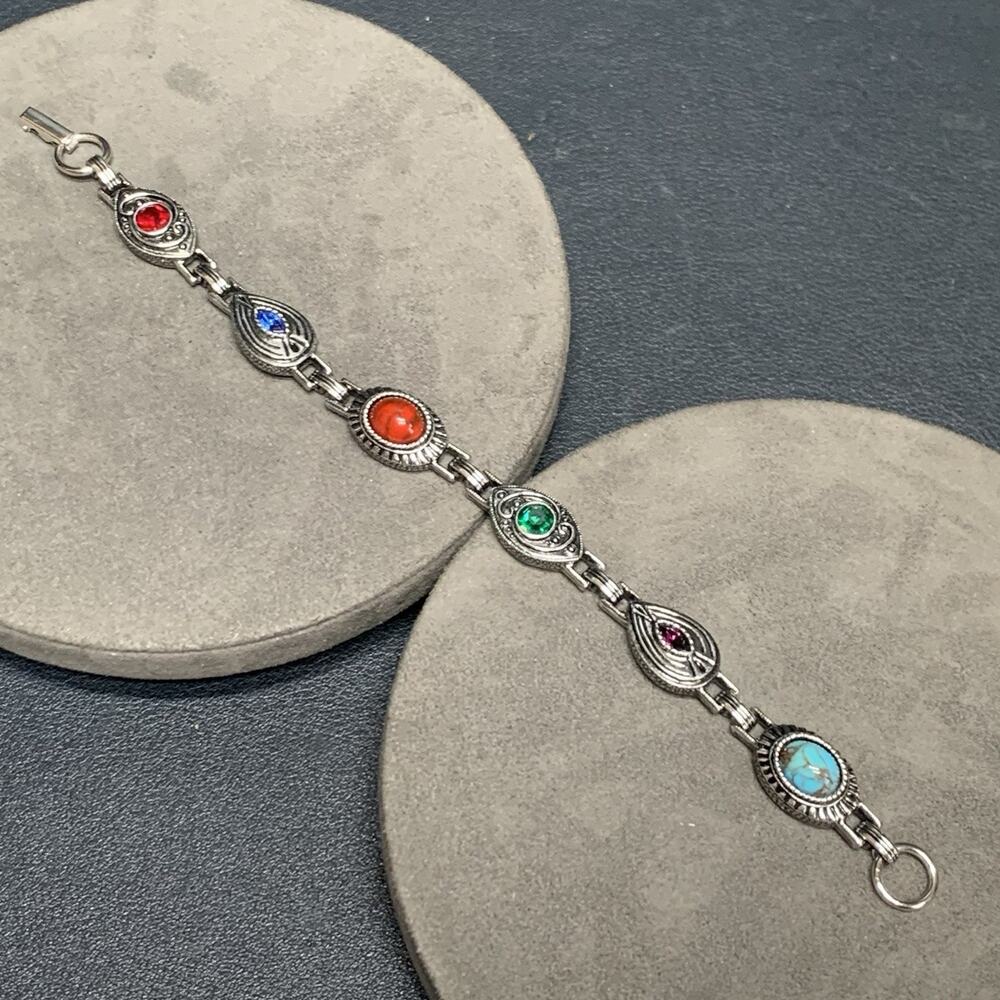 Vtg Sarah Coventry “Sabrina Fair” Bracelet Silver Tone Multicolor Glass Stones